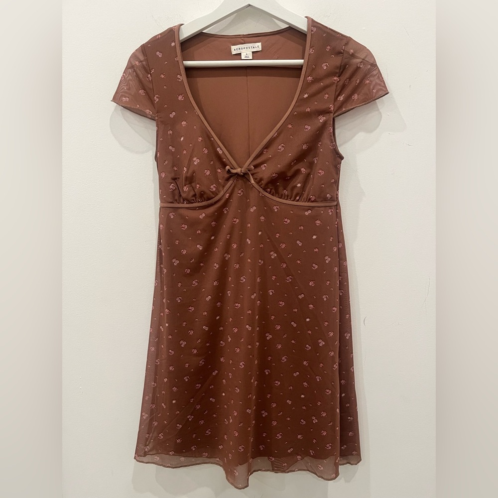 Aeropostale V Neck Brown Mesh A Line Babydoll Dress Size S Y2K coquette